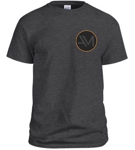Dark heather grey Gildan cotton t-shirt with the Armadyne Manufacturing logo on the front, offering a comfortable and durable fit for casual wear.