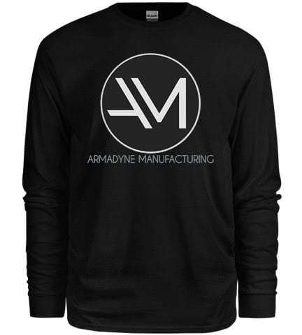 Black long-sleeved Gildan cotton t-shirt with the Armadyne Manufacturing logo, providing a soft and durable option for cooler days